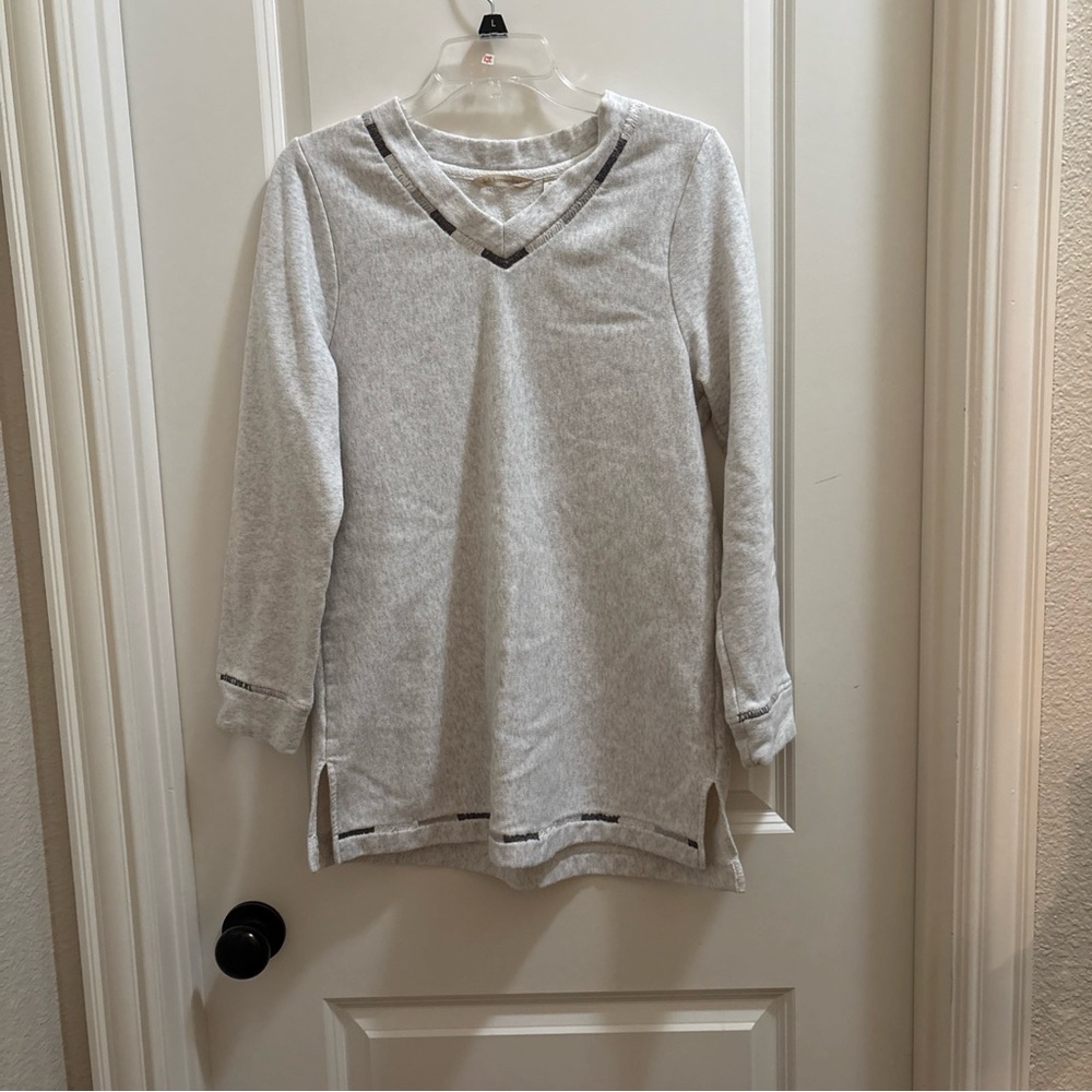 Soft Surroundings Gray Fleece Lined Embroidered V-neck Pullover Sweater Medium